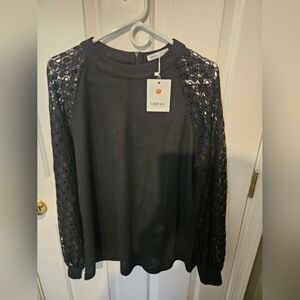 Miholl Brand (From Amazon) Long Sleeve Black Blouse With Lace Sleeves, XL, NWT